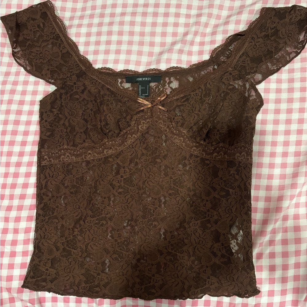 brown lace top with bow